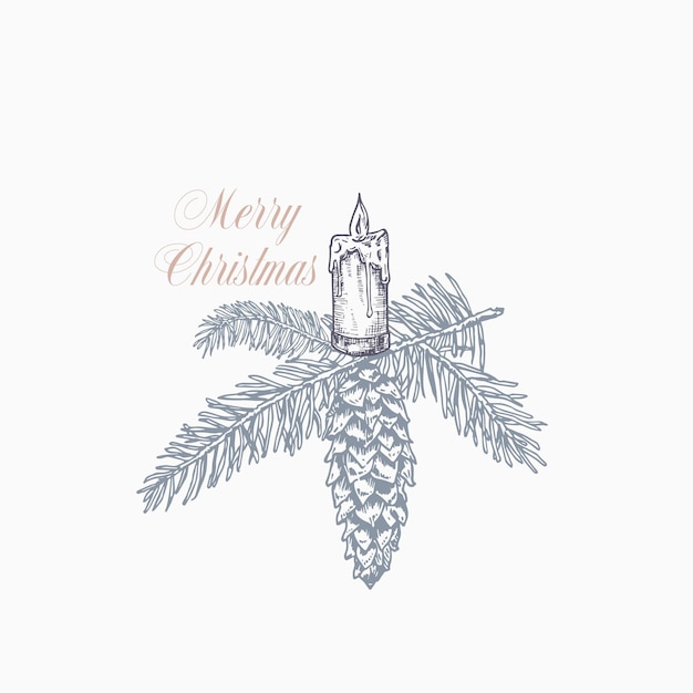 메리 크리스마스 인사말 카드 또는 레이블 손으로 그린 휴일 일러스트레이션 Firneedle 분기 Strobil 및 촛불 파스텔 색상 레이아웃