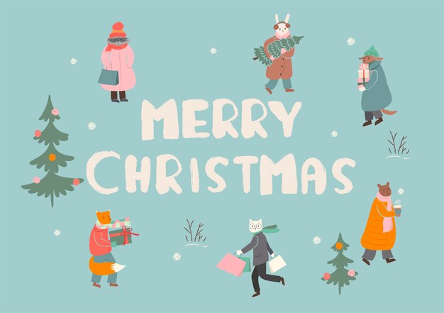 Vector merry christmas greeting card or poster. the animals are preparing for the winter holidays.  graphics.
