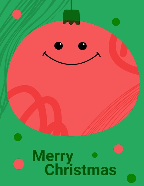 Merry christmas greeting card poster cover pink christmas ball character on green background