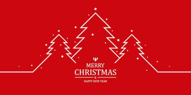 Merry Christmas greeting card Red background with trees and stars in flat style