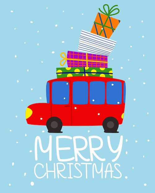 Merry christmas greeting card red christmas bus with fir tree and gifts side view