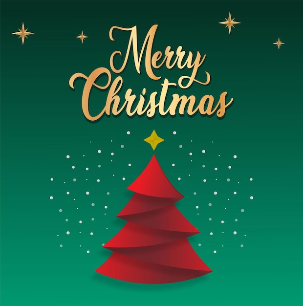 Merry Christmas Greeting card, Simple vector Christmas tree made from paper cut.