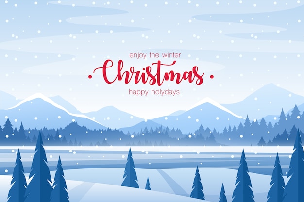 Vector merry christmas greeting card. snowy field and frost fir forest, mountains, horizon xmas background