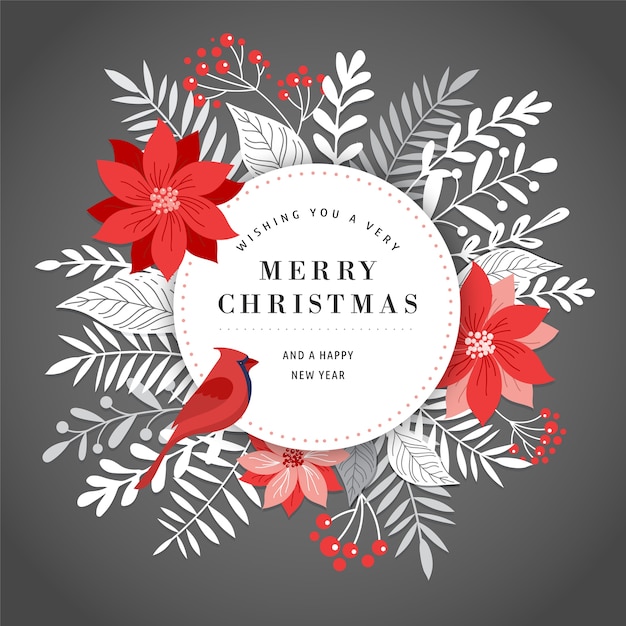 Merry christmas greeting card template, banner and background in elegant, modern and classic style with leaves, flowers and bird
