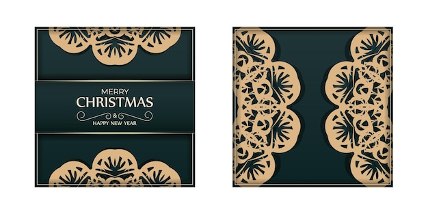 Merry christmas greeting card template in dark green color with luxurious yellow pattern