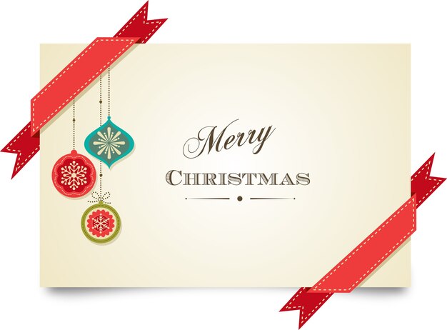 Merry christmas greeting card template with red ribbons and christmas decorations.