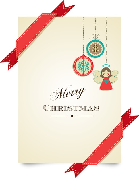 Merry christmas greeting card template with red ribbons and christmas decorations.