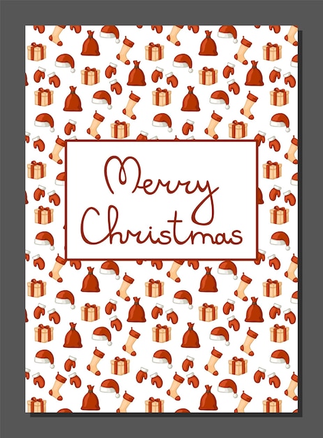 メリー クリスマスのグリーティング カード。クリスマスのシンボルの装飾要素のテキストとパターン