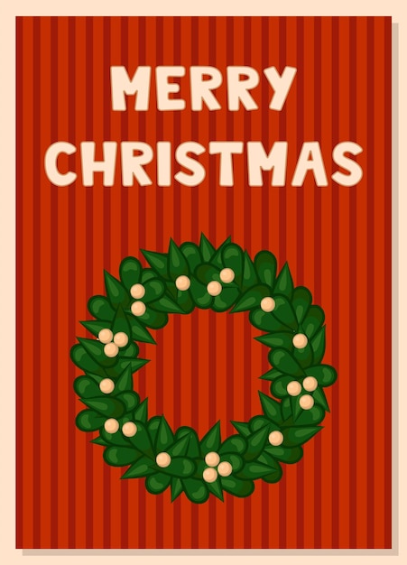 메리 크리스마스 인사말 카드입니다. 겨우살이의 텍스트와 화환. 벡터 일러스트 레이 션.