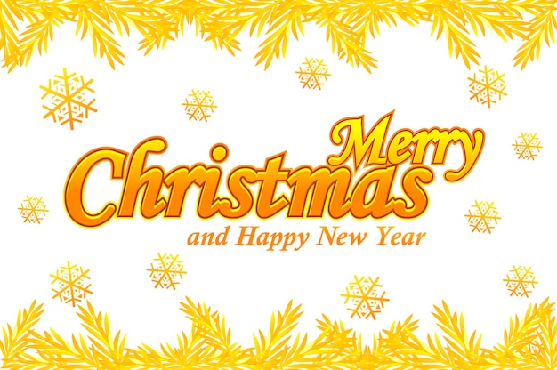 Merry Christmas, greeting card. Vector Golden logo, snow and Christmas tree on white background.