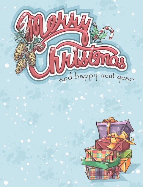 Merry Christmas greeting card with boxes gifts