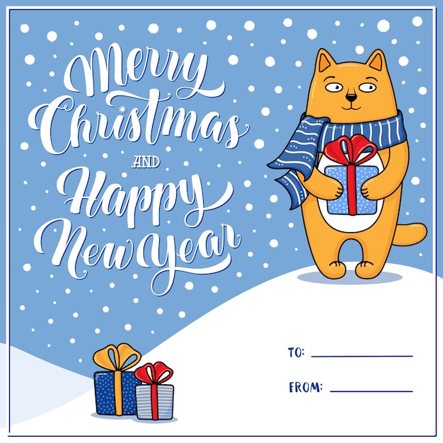 Merry Christmas greeting card with cat holding Xmas present, gift box