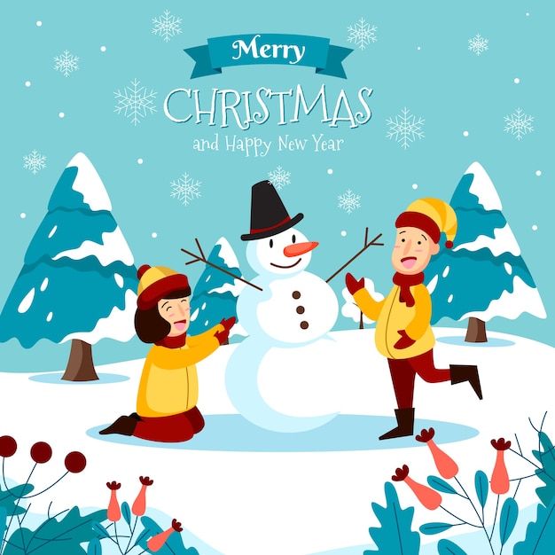 雪だるまとテキストを作る子供たちとメリークリスマスグリーティングカード