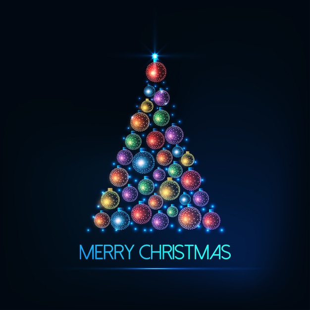 Merry Christmas greeting card with Christmas tree made of glowing colorful baubles and lights.