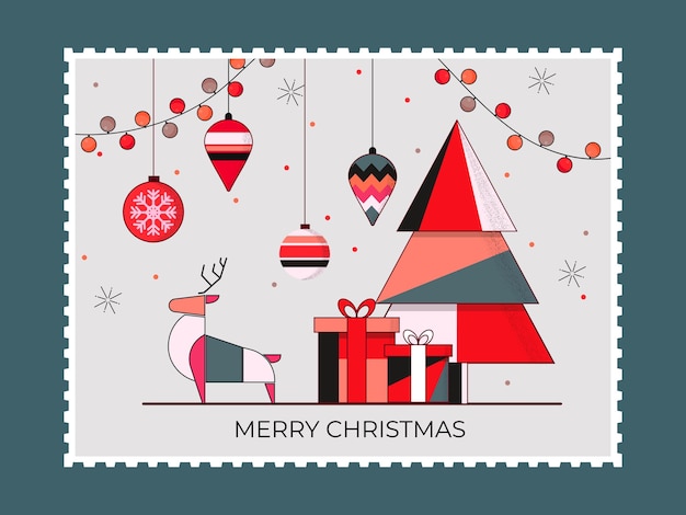 다채로운 크리스마스 트리 선물 상자와 함께 메리 크리스마스 인사 카드 사 하색과 푸른색 배경에 매달린 공과 조명 장식