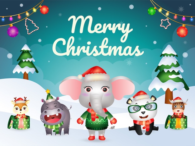 かわいい動物キャラクターのメリークリスマスグリーティングカード：象、パンダ、バッファロー、カバ、鹿