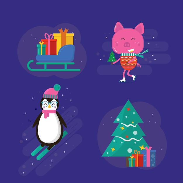벡터 귀여운 동물 돼지와 펭귄이 있는 메리 크리스마스 인사말 카드