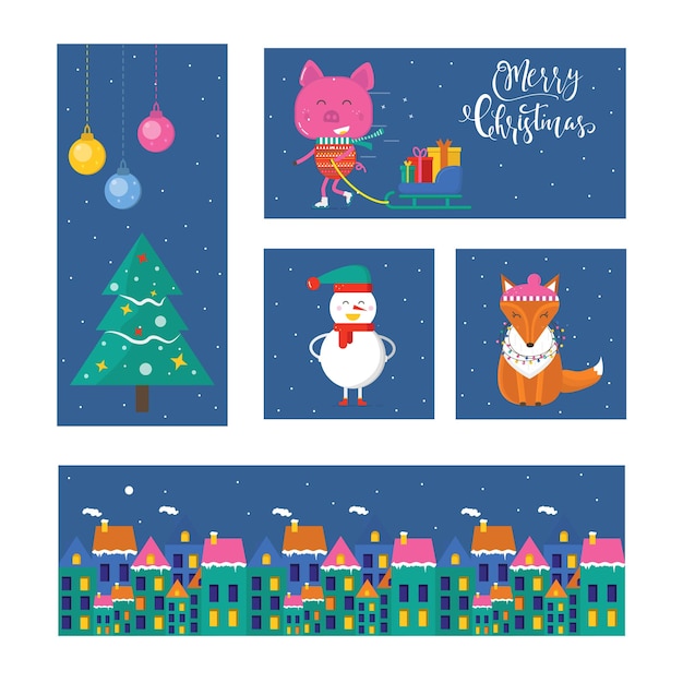 Merry Christmas greeting card with cute animals pig fox snowm