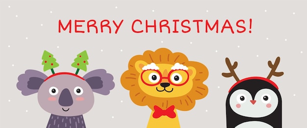 Merry Christmas greeting card with cute animals