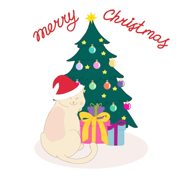 Merry Christmas greeting card with a cute cat