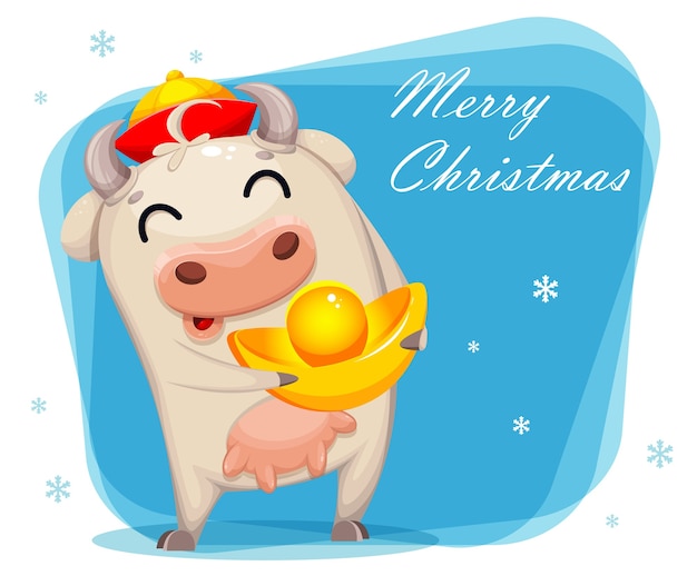 Merry Christmas greeting card with cute cow