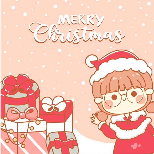 Merry christmas greeting card with cute girl kawaii cartoon