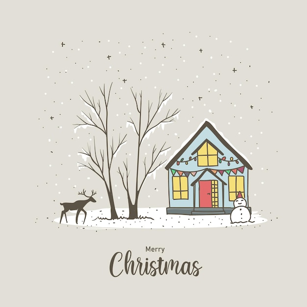 Merry Christmas greeting card with cute house and deer Vector illustration