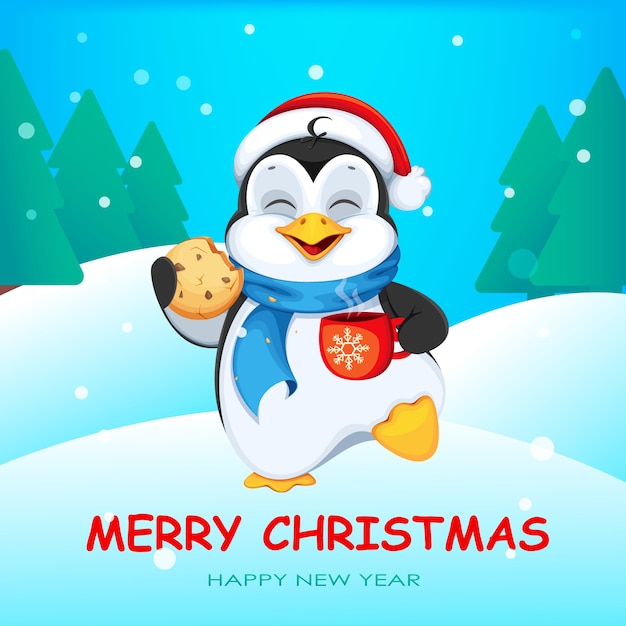 Merry christmas greeting card with cute penguin