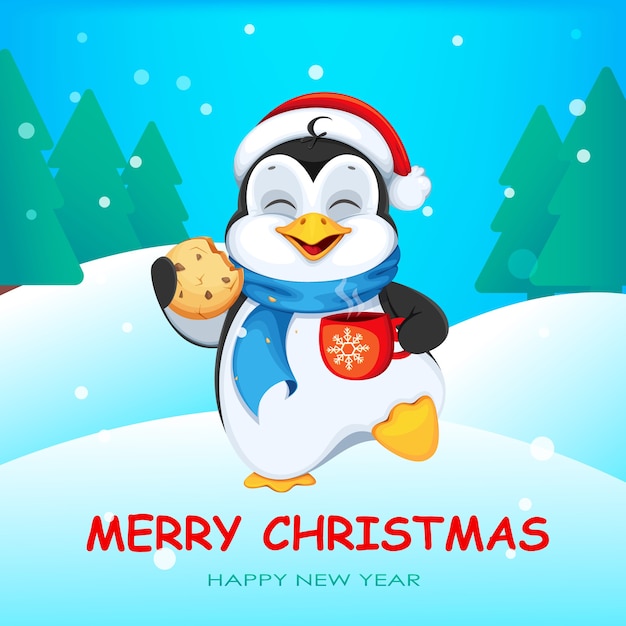 Merry Christmas greeting card with cute penguin