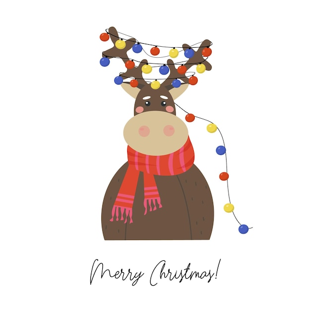 Vector merry christmas greeting card with cute reindeer in a red crocheted scarf