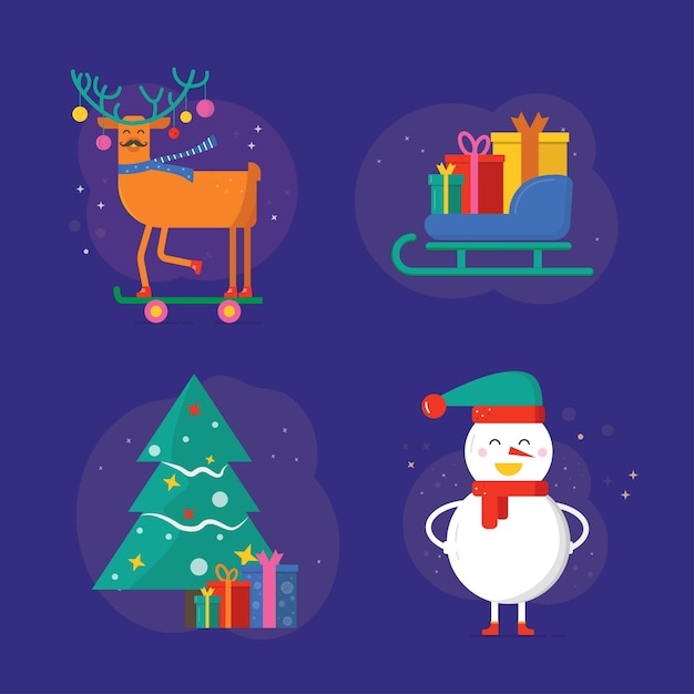 Merry Christmas greeting card with cute reindeer and snowman t