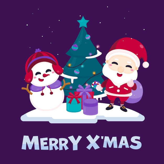 Веселая Рождественская открытка с милый Санта-Клаус, снеговик, елки и подарочной коробке.