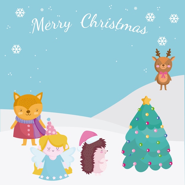 merry christmas, greeting card with deer fox angel in the snow with tree   illustration