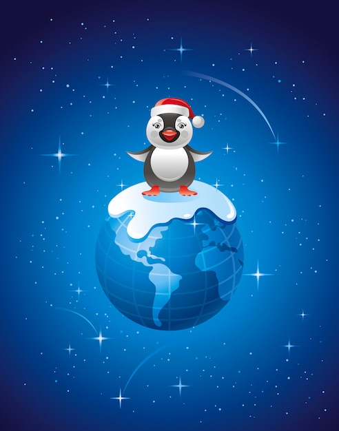 Merry Christmas greeting card with Earth and cute penguin in Santa Claus hat.