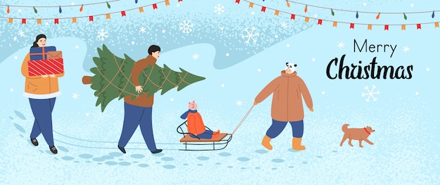 Merry Christmas greeting card with a family walk. Mom and dad are carrying gifts and a Christmas tree,the boy is pulling the sleigh with the girl on it. The dog walks in the front. Vector cartoon.