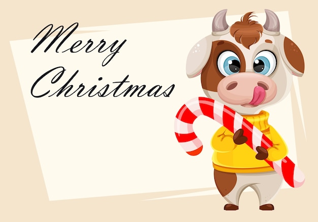 Merry christmas greeting card with funny bull