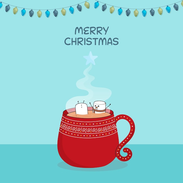 merry christmas greeting card with funny marshmallow in hot drink cup and lighting garland decorated on blue background
