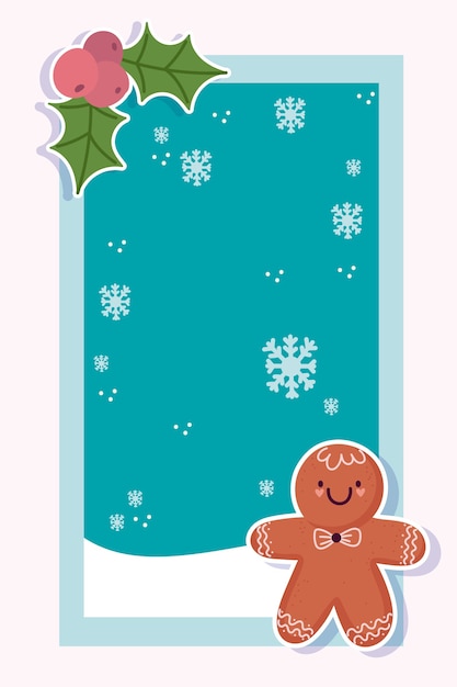 ジンジャーブレッドマンの雪片とヒイラギのベリーとメリークリスマスのグリーティングカード