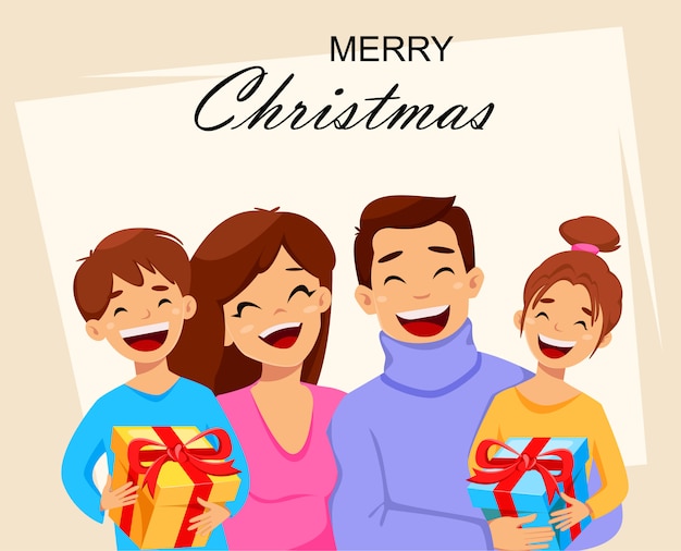 Merry christmas greeting card with happy family