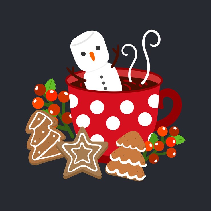 Vector merry christmas greeting card with hot chocolate.
