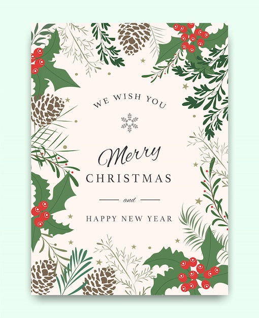 Vector merry christmas greeting card with leaves frame