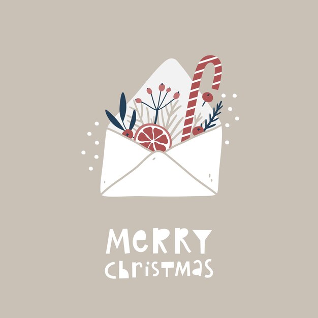 Vector merry christmas greeting card with open envelope. hand drawn design elements branches and berries.