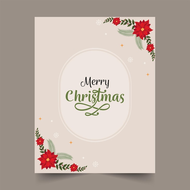 Merry Christmas Greeting Card With Poinsettia Flowers Leaves And Snowflakes On Beige Background