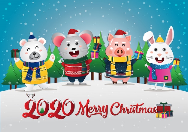 Vector merry christmas greeting card with rabbit bear rat and pig