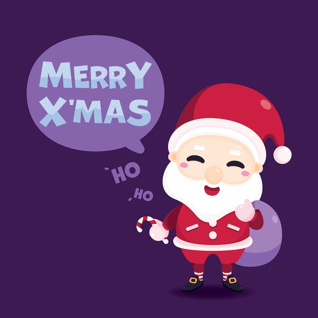 Merry christmas greeting card with santa claus and candycane.