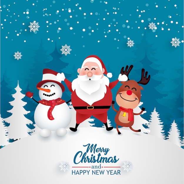 Merry christmas greeting card with santa, deer, and snowman