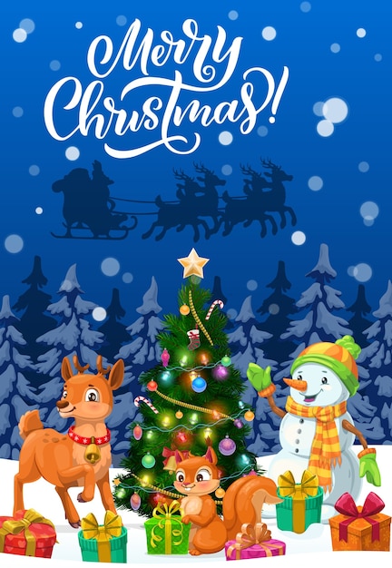 Premium Vector | Merry christmas greeting card with santa xmas sleigh,  snowman and animals. christmas tree, gifts and reindeer, present boxes,  snow and stars, sock, candies and balls, lights and squirrel