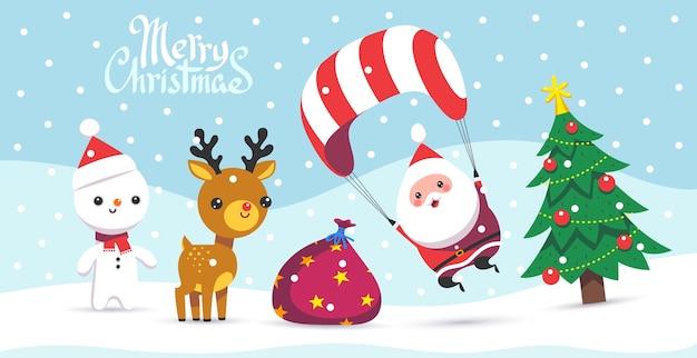 Merry Christmas  Greeting card with snowflakes and funny Santa Claus with his friends. Cartoon flat style.