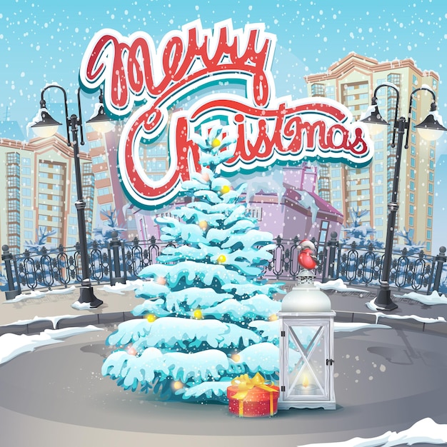 Merry christmas greeting card with tree on the city