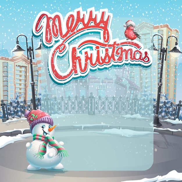 Merry christmas greeting card with tree on the city